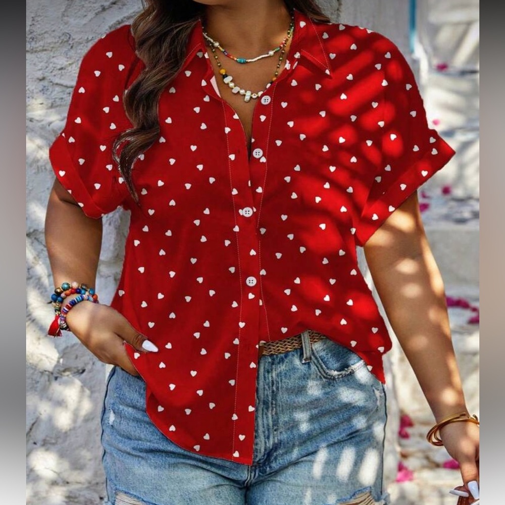 Red Heart Print Valentines Top Blouse Button Down Shirt